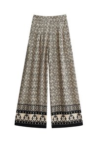 Spodnie o szerokich nogawkach w kremowo-czarny wzór w zygzaki, z czarną ozdobną bordiurą zgeometrycznymi i kwiatowymi wzorami na dolnej krawędzi.
