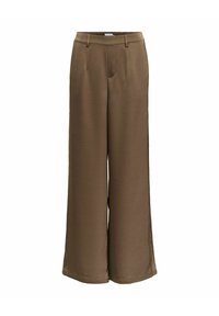 Braune weite Hose mit Gürtelschlaufen und vorderen Taschen, aus glattem Stoff, auf einem weißen Hintergrund präsentiert.