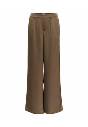 Pantalons marron à jambes larges avec passants de ceinture et poches avant, en tissu lisse, présentés sur un fond blanc.