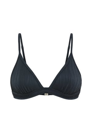 Sutien triunghiular negru fără fir, cu bretele subțiri reglabile și model texturat subtil pe țesătură.