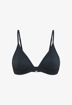 Juoda belaidė trikampio formos liemenėlė su reguliuojamomis plonomis petnešėlėmis ir subtiliu audinio tekstūros raštu.