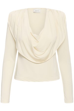 Cream-colored long-sleeve blouse with draped cowl neckline and subtle shoulder gathers, labeled "GESTUZ" inside collar.