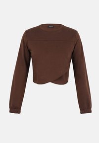 Sweat-shirt court marron à manches longues avec encolure ronde et poignets élastiques sur un fond clair uni.