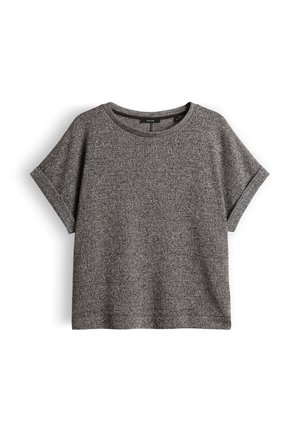 Top grigio a maniche corte, vestibilità ampia, con scollo rotondo e polsini delle maniche ripiegati, mostrato su sfondo bianco.