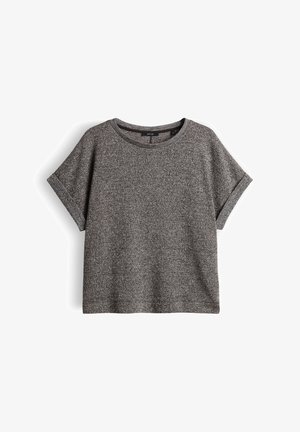 Top grigio a maniche corte, vestibilità ampia, con scollo rotondo e polsini delle maniche ripiegati, mostrato su sfondo bianco.