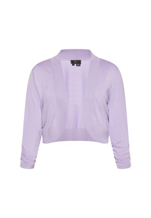 Cardigan scurt închis la culoare, cu mâneci lungi, design deschis în față, textură ribbată pe margini și detalii pliate la manșetele mânecilor.