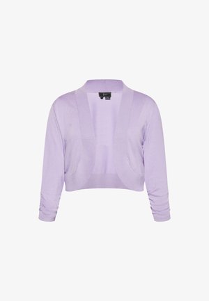 Lila cropped cardigan met lange mouwen, open voorkant, geribbelde textuur langs de randen en een geplooid detail bij de manchetten.