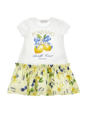 Biała sukienka dla małego dziecka z wzorem cytryn, niebieską kokardą i kwiatami na górze; żółta spódnica z nadrukiem cytryn, okularów przeciwsłonecznych oraz napisem "Holiday mood".
