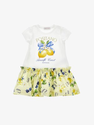 Biele detské šaty s motívom citrónov, modrým mašličkou a kvetmi na vrchu; žltá sukňa s motívom citrónov, slnečných okuliarov a nápisom "Holiday mood".