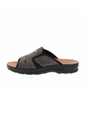 Sandalo slip-on da uomo marrone e nero con suola imbottita e punta aperta, vista laterale.