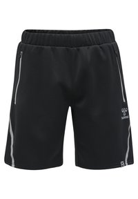 Black athletic shorts made of smooth fabric, featuring an elastic waistband, two side zip pockets, and gray side accents.