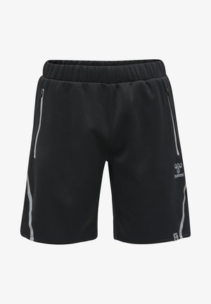 Pantalones cortos deportivos negros hechos de tela suave, con una cintura elástica, dos bolsillos laterales con cremallera y detalles laterales grises.