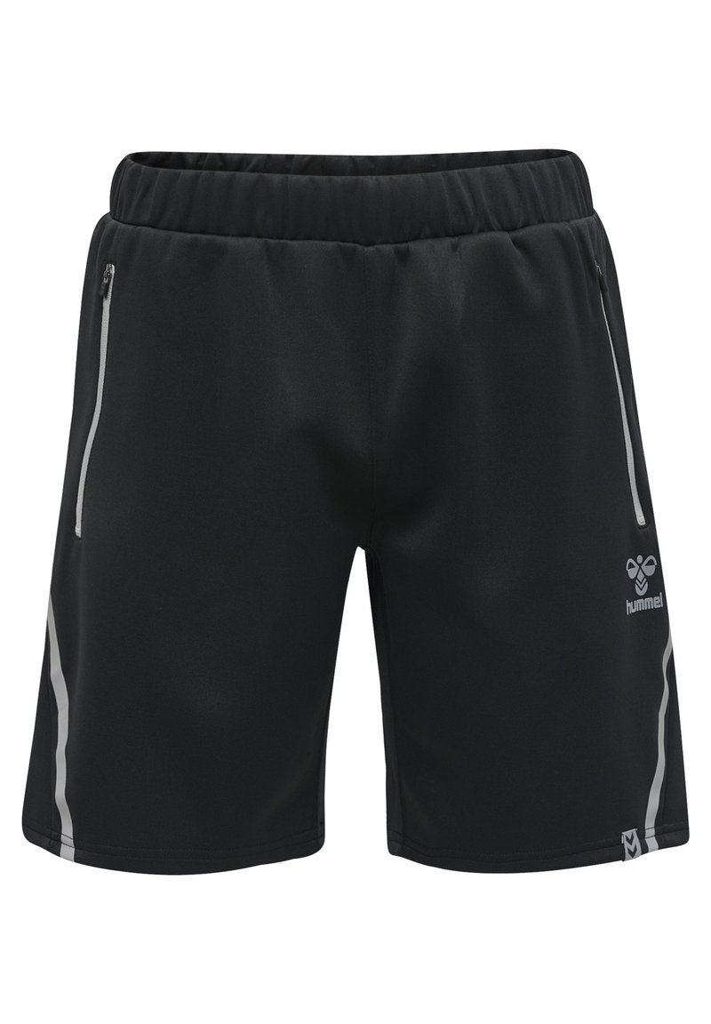 Black athletic shorts made of smooth fabric, featuring an elastic waistband, two side zip pockets, and gray side accents.