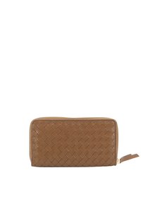 Brown woven leather wallet with a zip closure, rectangular shape, and a textured surface. Features a small leather pull tab.