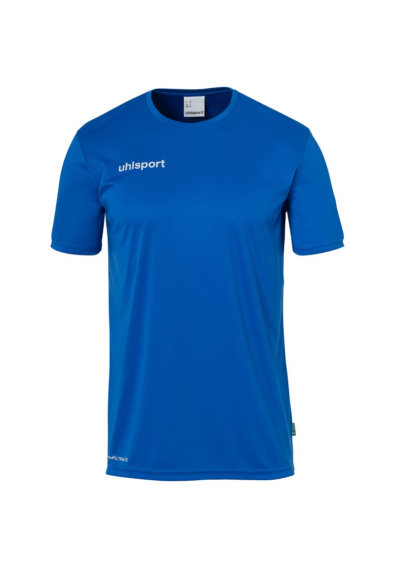Blauwe sport T-shirt met korte mouwen en het "uhlsport" logo op de borst, met een ronde hals.