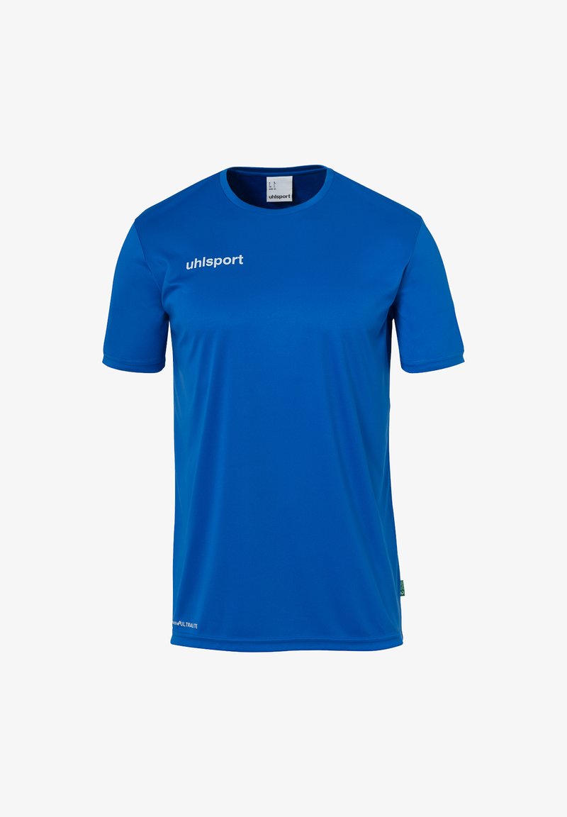 Blauwe sport T-shirt met korte mouwen en het "uhlsport" logo op de borst, met een ronde hals.