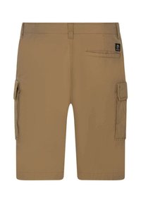 Pantaloni cargo beige realizzati in tessuto leggero, con tasche laterali, una tasca posteriore e un design semplice. Rifiniti con una vestibilità dritta.