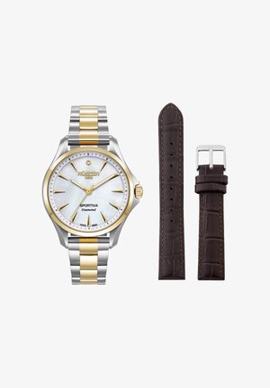 Montre-bracelet Roamer Sportiva avec bracelet métallique doré et argenté, cadran blanc, index dorés, détail en diamant et deux bracelets en cuir marron foncé supplémentaires.