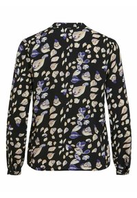 Schwarze Langarmbluse mit unregelmäßigem beigen und lila, blattähnlichem abstraktem Muster, mit geknöpften Manschetten und klassischem Kragen, von hinten gezeigt.