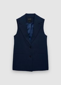 Veste sans manches bleu marine avec un revers cranté, une fermeture à boutons et deux poches avant, fabriquée en tissu lisse avec une coupe ajustée.