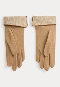 Tan wool gloves with a fold-over cuff in a herringbone pattern and brown accent stitching, featuring a classic finger design.