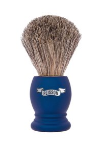 Blue resin shaving brush with a rounded base and a wide, dense, boar bristle head; features a silver "Plisson" label on the handle.