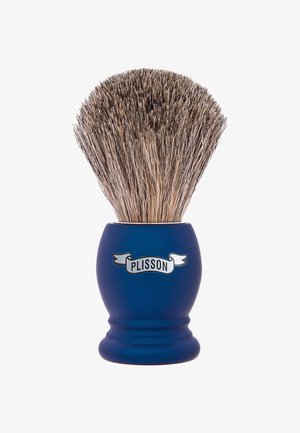 Blauer Harz-Rasierpinsel mit rundem Griff und einem breiten, dichten Borstenkopf aus Wildschweinborsten; mit einem silbernen "Plisson"-Etikett am Griff.