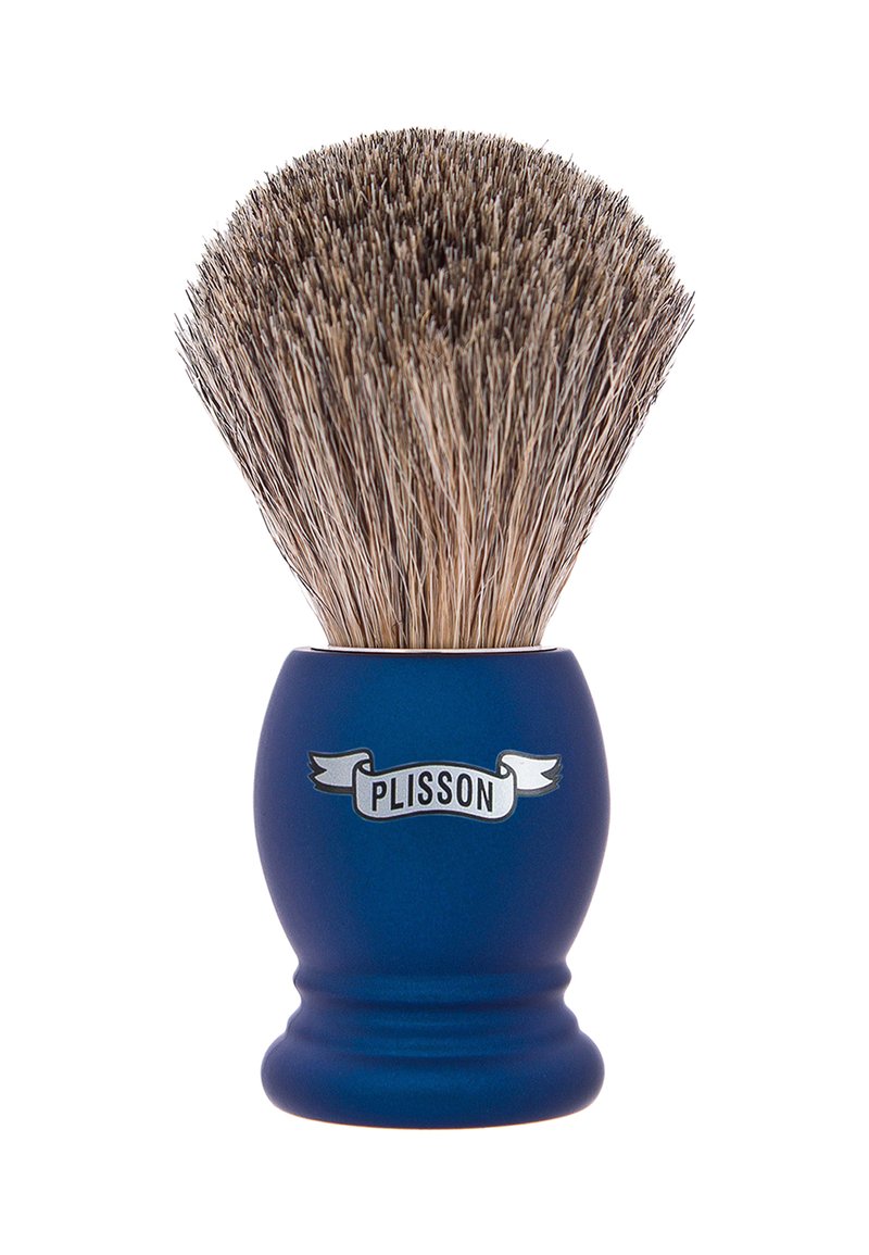 Blue resin shaving brush with a rounded base and a wide, dense, boar bristle head; features a silver "Plisson" label on the handle.