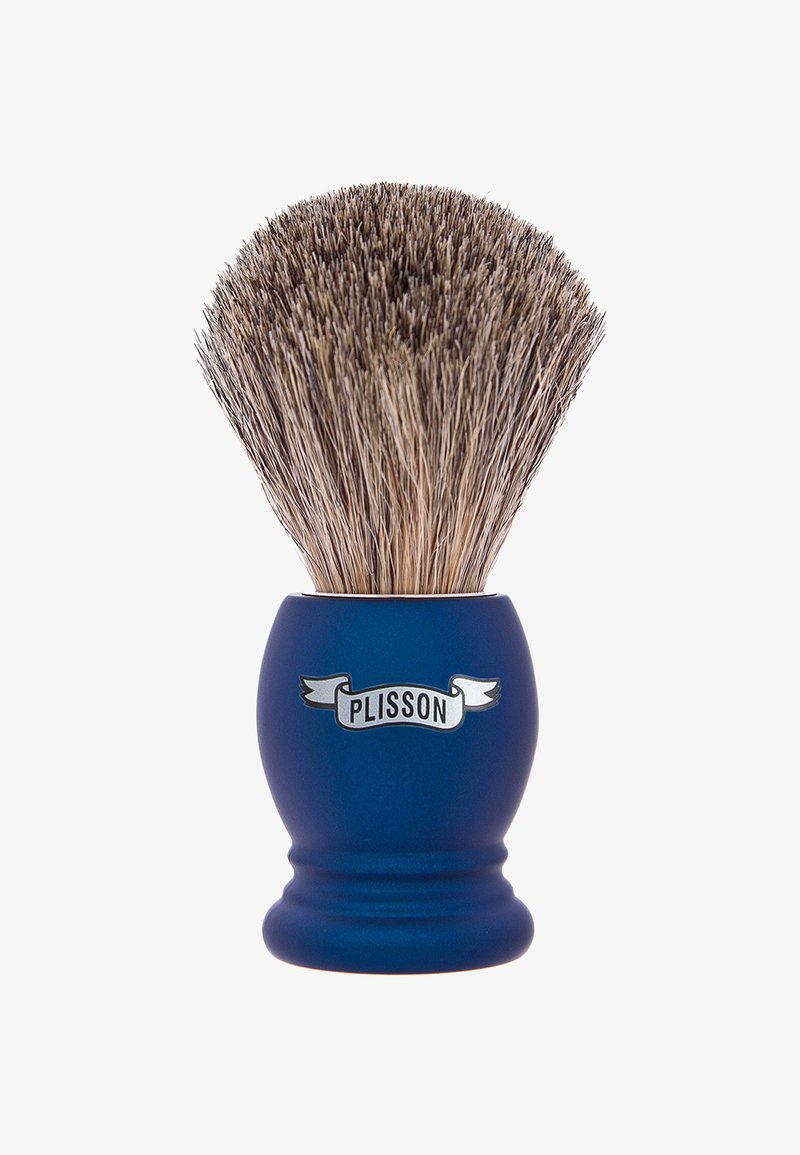 Blue resin shaving brush with a rounded base and a wide, dense, boar bristle head; features a silver "Plisson" label on the handle.