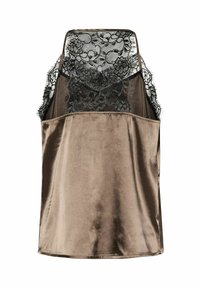 Camisole in satin marrone con sovrapposizione in pizzo nero. Presenta spalline regolabili e una vestibilità leggermente più ampia. Motivo in pizzo dettagliato sul retro.