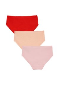 Tri para hipsterskih gaćica: crvene, breskvaste i svijetlo roza. Rebrasti materijal s elastičnim pojasom i glatkom teksturom.
