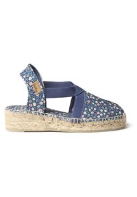 Sinine lilleline espadrille sandaal elastsete ristirihmadega, lamedate punutud jooteketsaga ning tugevdatud õmblustega servadel.