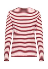 Dlhý rukáv košele s horizontálnymi červenými a bielymi pruhmi, okrúhlym výstrihom, mäkkou látkou a štíhlym strihom.