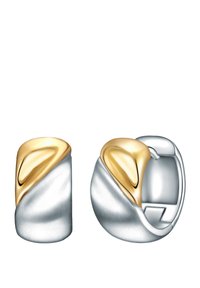 Teksuuriga hõbe- ja kuldtooni metallist huggie kõrvarõngad, millel on kõverdisain ning harjatud viimistlus koos poleeritud kuldviipega.