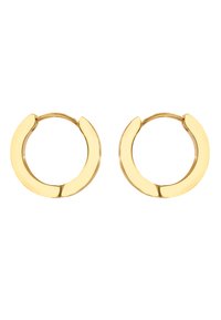 Gulletone hoop øredobber med en halvsirkel design, glatt overflate, og et karakteristisk gap i hoopen for lukking.