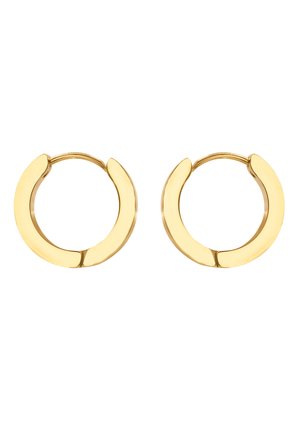 Goldfarbene Ohrstecker in Form von Ohrringen mit einem halbrunden Design, glatter Oberfläche und einer markanten Lücke im Ring für den Verschluss.
