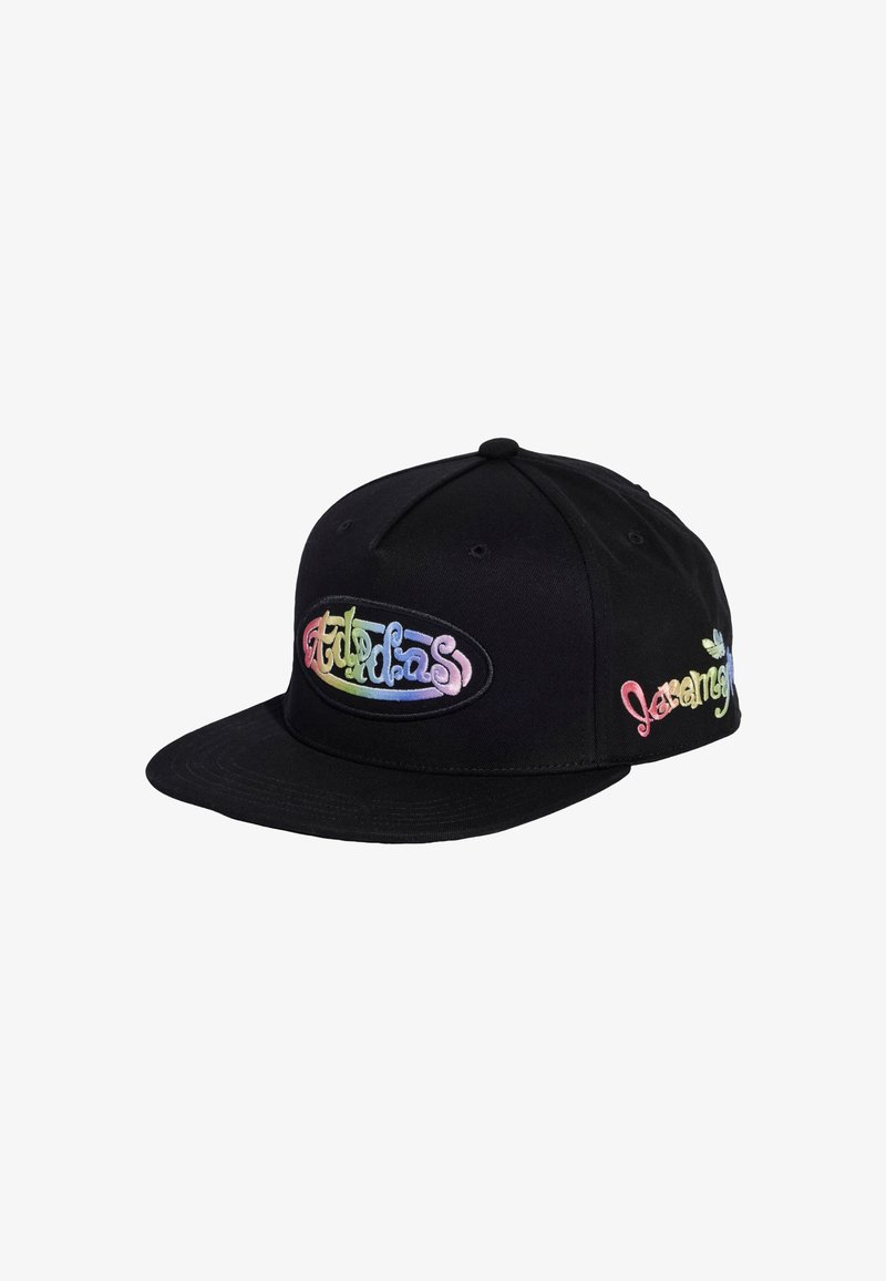 Black snapback hat with a flat brim, featuring a colorful embroidered logo on the front and an embroidered text accent on the side.