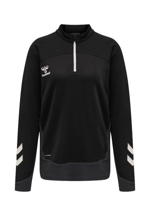 Sort sportstop med lange ærmer med hvid kvart lynlås, hvidt logo på brystet, chevronmønstre på ærmerne og tekstureret nederste kant og manchetter.