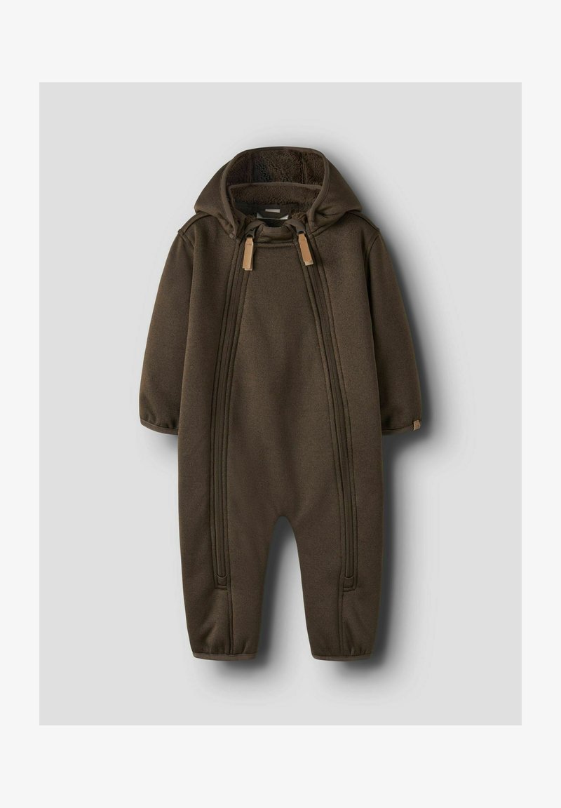 Combinaison bébé à capuche brun foncé avec manches et jambes longues, dotée de deux fermetures éclair à l'avant allant du cou jusqu'aux chevilles.