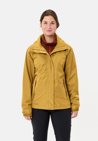 Yellow waterproof jacket with a hood, zippered front, and two side pockets, layered over a maroon fleece collar. Smooth texture.