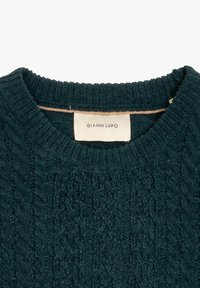 Maglione a maglia verde scuro con un motivo a treccia testurizzato e scollo rotondo a coste. Etichetta "GIANNI LUPO" attaccata all'interno del colletto.