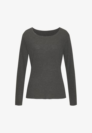 Long-sleeve top in dark gray, featuring a wide scoop neckline, soft knit fabric, and a slightly fitted shape with visible stitching details.