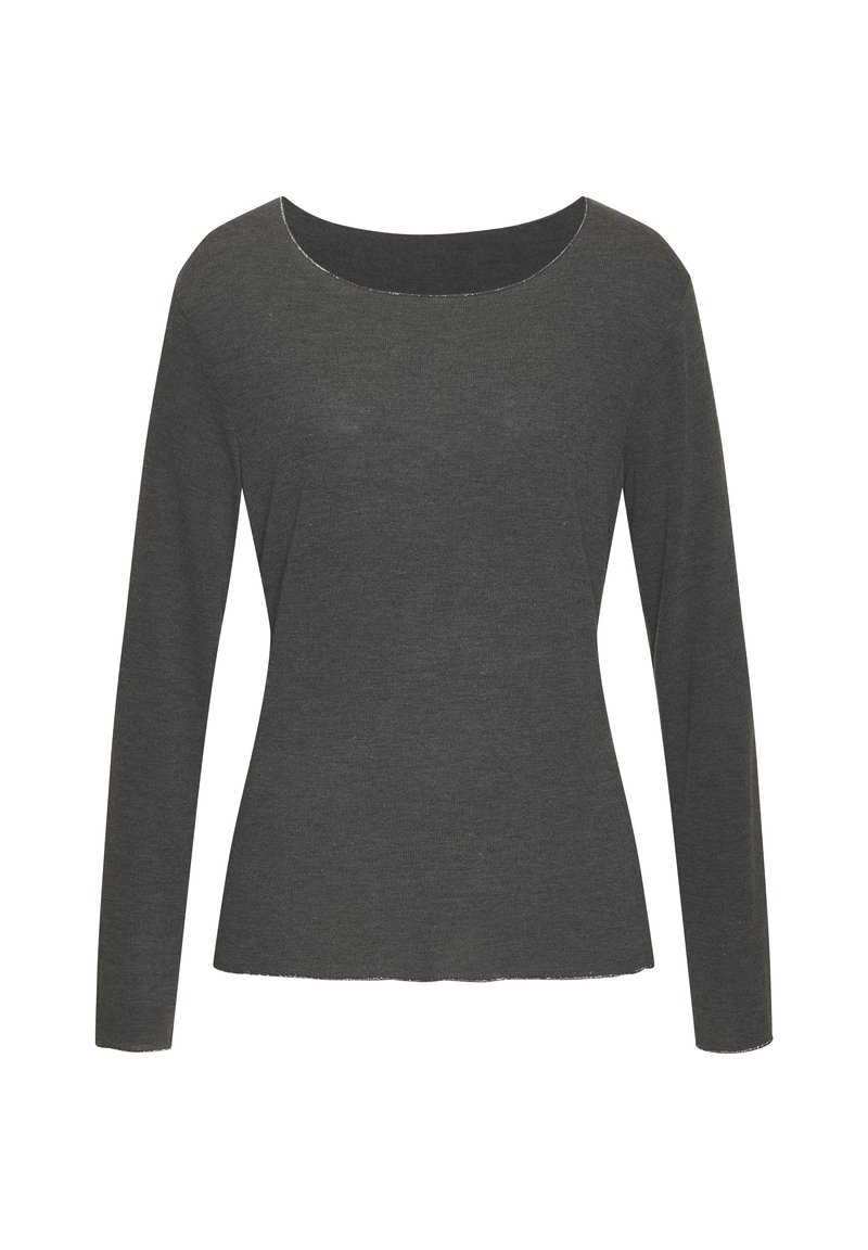 Langärmliges Oberteil in Dunkelgrau, mit weitem Rundhalsausschnitt, weichem Strickstoff und einer leicht taillierten Form mit sichtbaren Nahtdetails.