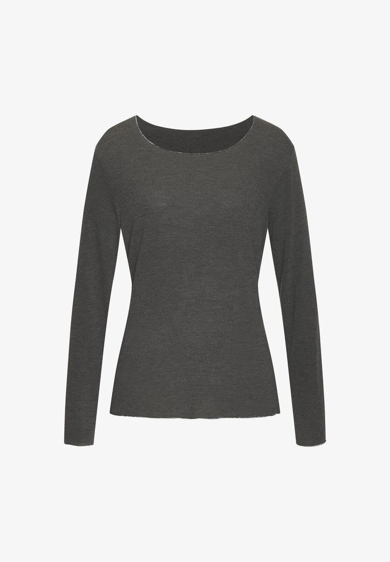 Langärmliges Oberteil in Dunkelgrau, mit weitem Rundhalsausschnitt, weichem Strickstoff und einer leicht taillierten Form mit sichtbaren Nahtdetails.
