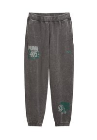 Grå sweatpants lavet af blødt stof med elastisk talje. Har grønt Puma-logo og grafikprint på venstre lår. Elastiske manchetter.