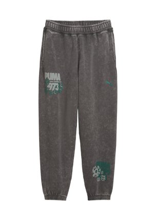Grijze sweatpants van zachte stof met een elastische tailleband. Heeft een groen Puma-logo en graphic print op de linkerdij. Elastische manchetten.