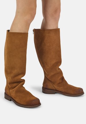 Beine, die kniehohe braune Wildlederstiefel mit niedrigen Holzabsätzen und seitlichen Reißverschlüssen auf schlichtem hellem Hintergrund tragen.