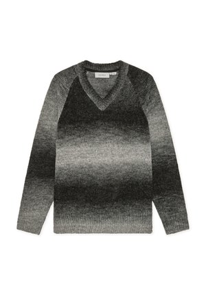 Pull à col en V, à manches longues, dégradé de nuances de gris. Matière tricotée texturée avec un motif subtil allant du foncé au clair.