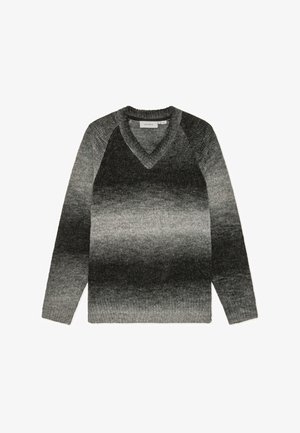 Pulover z V-izrezom in dolgimi rokavi v prelivajočih se odtenkih sive. Teksturna pletenina z nežnim vzorcem, ki prehaja od temne do svetle barve.