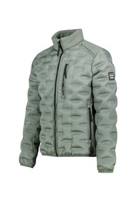 Hellgrüne gesteppte Jacke mit Vorder- und Brusttaschen mit Reißverschluss, hohem Kragen und einem Logo-Patch am linken Ärmel.